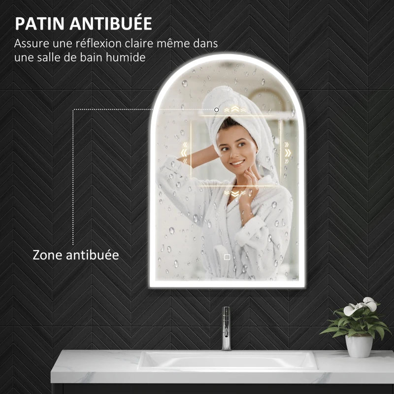 HOMCOM Miroir de salle de bain LED 90 x 60cm, mural, 3 couleurs, arqué cadre en aluminium, désembuage et interrupteur tactile
