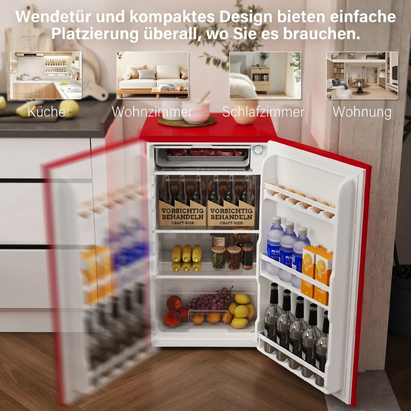 HOMCOM Frigider Compact 91L Ușă Reversibilă cu Congelator și Temperatură Reglabilă, Roșu