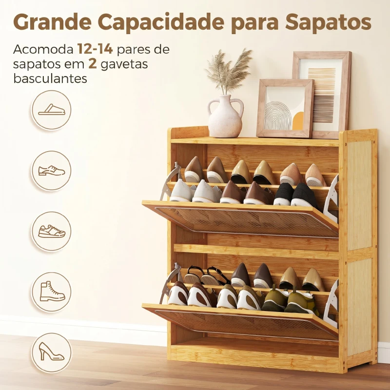 HOMCOM Sapateira com 2 Compartimentos Basculantes Sapateira Estilo Bohemio Estreita com Prateleiras Ajustáveis para 12-14 Pares de Sapatos 69x29x83 cm Madeira