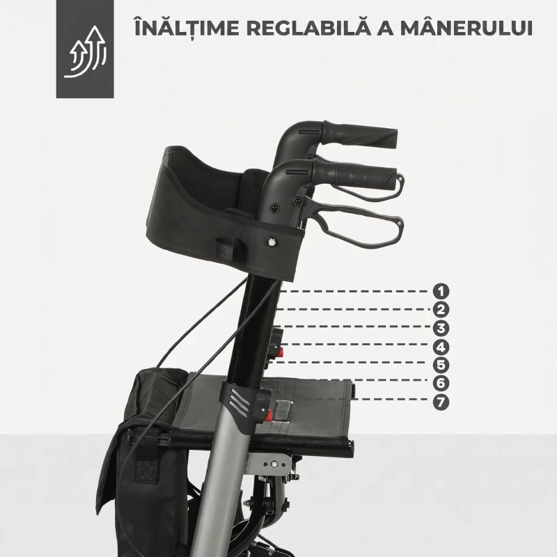 HOMCOM Cadru de mers pliabil din aluminiu, reglabil pe înălțime, cu geantă, 64x67x80-92 cm, negru și argintiu