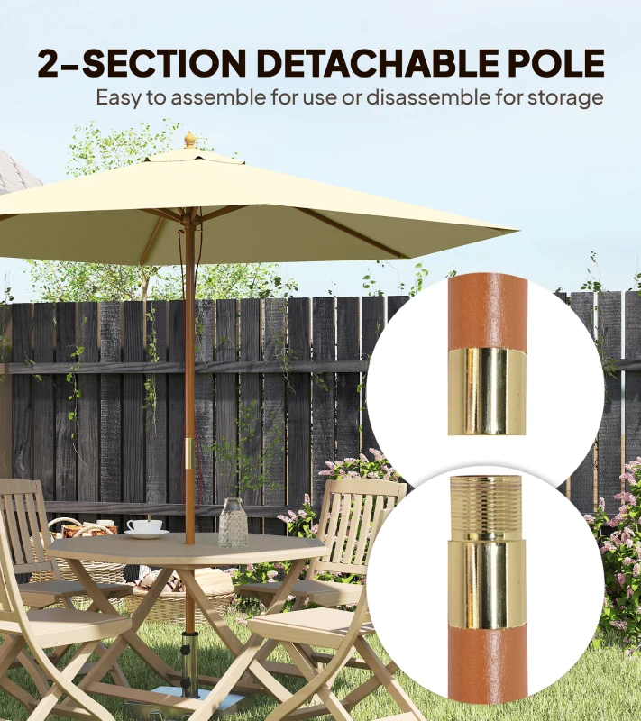 Outsunny 2.5m Wood Garden Parasol Sun Shade Patio Outdoor Wooden Umbrella Canopy, Table Market Umbrella with Vent, 38mm Pole, Rope Pulley Mechanism, Cream White