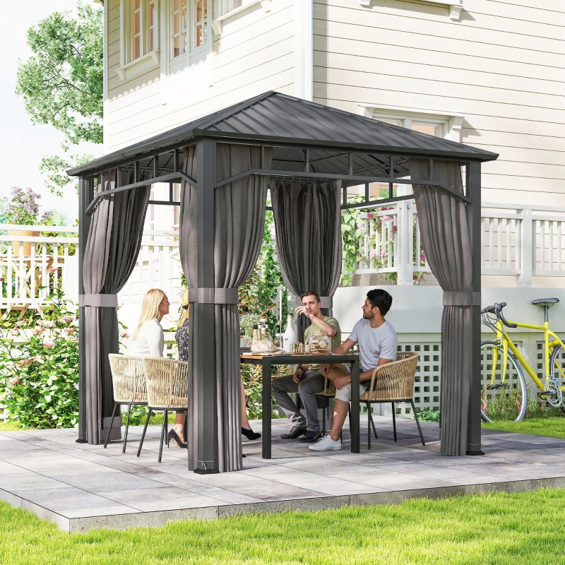 Outsunny 2.5 x 2.5 m Hardtop Gazebo with Galvanised Steel Roof, Waterproof Permanent Pavilion Garden Gazebo with Netting and Curtains for Patio, Deck, Dark Grey