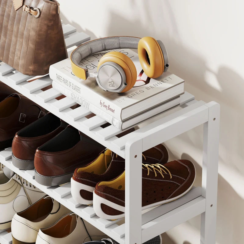 HOMCOM Étagère à chaussures, porte-chaussures 3 niveaux, étagères à lattes, en bois de pin， 70 x 26 x 57,5 cm, blanc