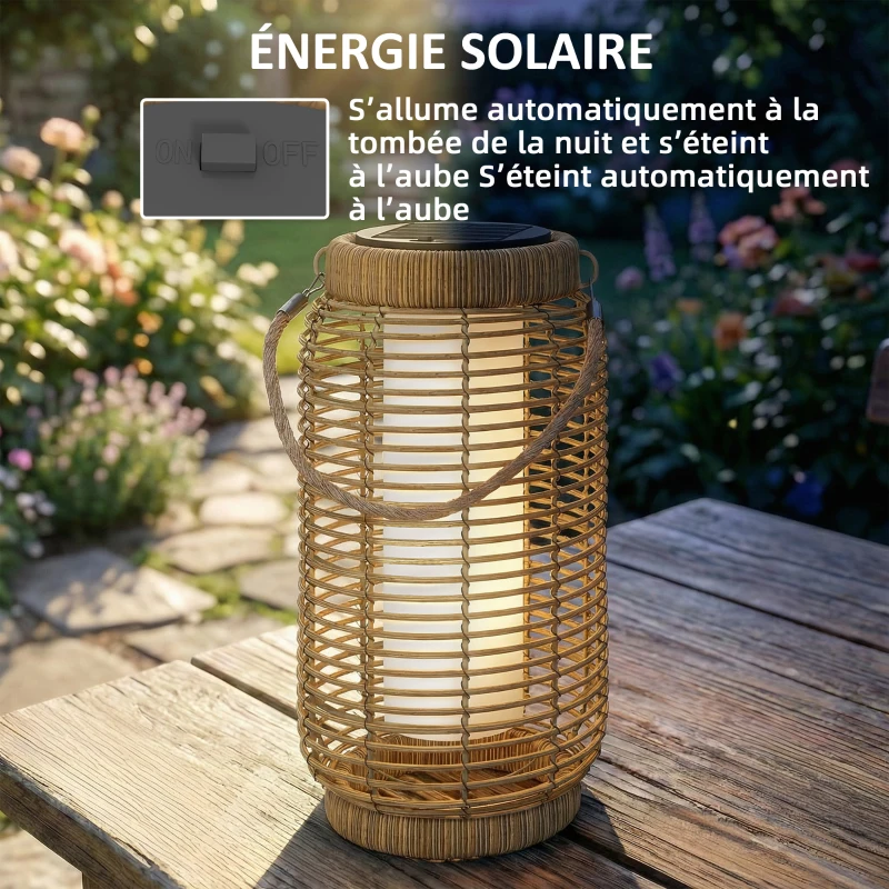 Outsunny Lot de 2 Lampadaire Extérieur Solaire en Résine Tressée Luminaire LED de Jardin en Acier Marche/Arrêt Automatique Sable