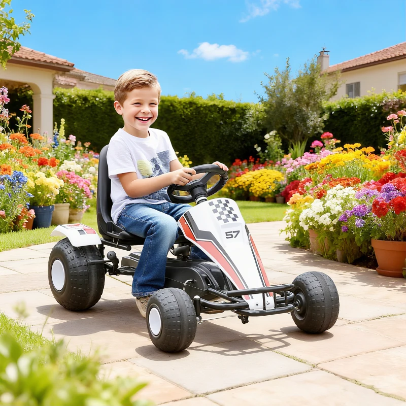 HOMCOM Gokart, Tretauto mit verstellbarem Sitz, Bremse, Pedalantrieb, Tretfahrzeug mit Vor- und Rückwärtsgang, Kinderfahrzeug bis 35 kg belastbar, für Kinder 3-6 Jahre Weiß