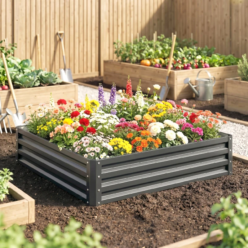 Outsunny Carré potager de jardin potager surélevé, acier galvanisé, résistant à la rouille 120x120x30cm, gris clair