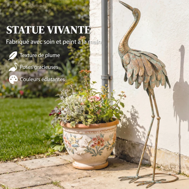 Outsunny Lot de 2 Statues de Jardin, Sculpture de Héron en Métal, Statues d'oiseaux 91/95cm, pour Cour, Étang, Terrasse, or/bleu
