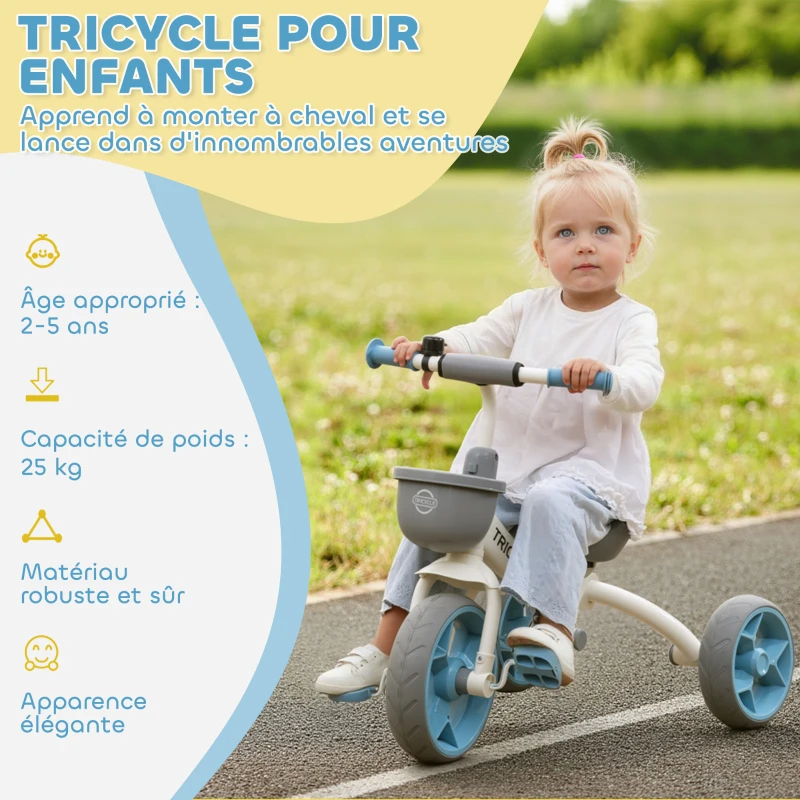 AIYAPLAY Tricycle enfant évolutif, tricycle pour enfants de 2 à 5 ans avec panier avant et roues EVA, 72 x 52 x 61 cm, bleu