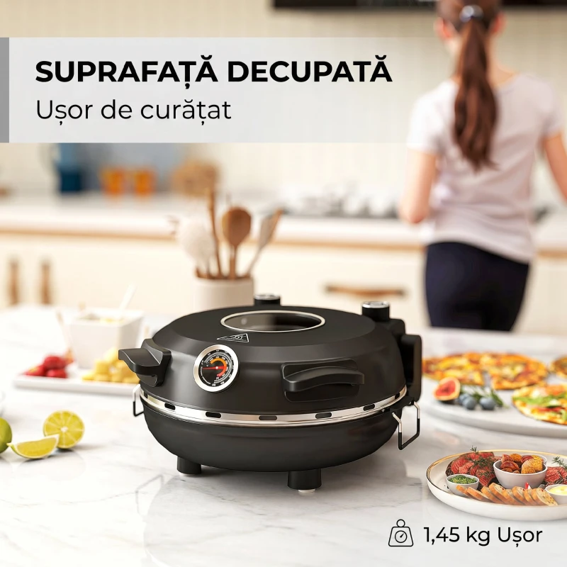 HOMCOM Cuptor electric pentru pizza 1200W cu fereastră transparentă, timer și reglare a temperaturii, negru