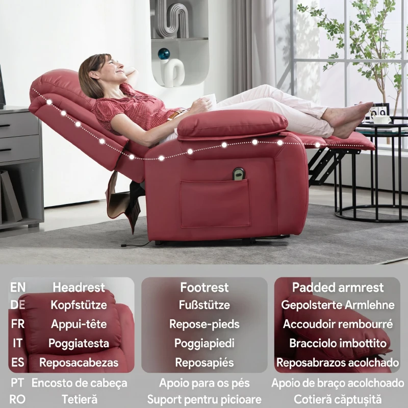 HOMCOM Fotoliu Electric cu Sistem de Ridicare, Înclinare și Suport pentru Picioare, Tapițerie din Piele PU, 76x90x105 cm, Roșu