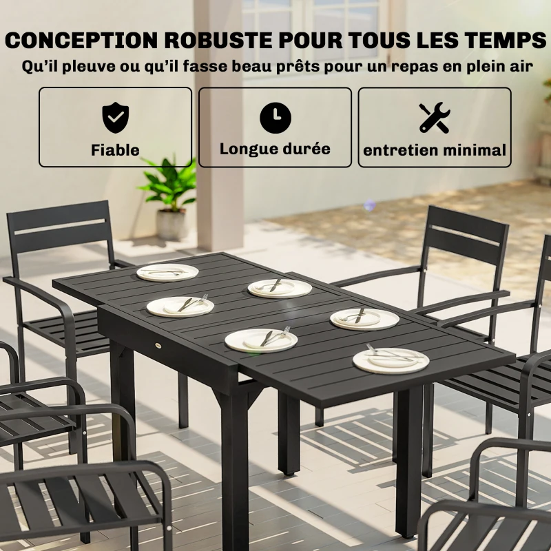 Outsunny Table de jardin extensible pour 4 à 6 personnes, 160/80 x 80 x 75 cm, table à manger extérieure en aluminium, noir