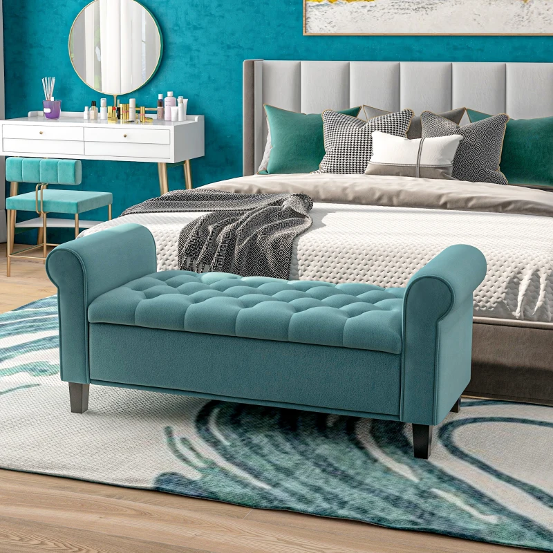 HOMCOM Banc de rangement bout de lit avec accoudoirs, tissu velours rembourré et capitonné, 126 x 48,5 x 57 cm, vert