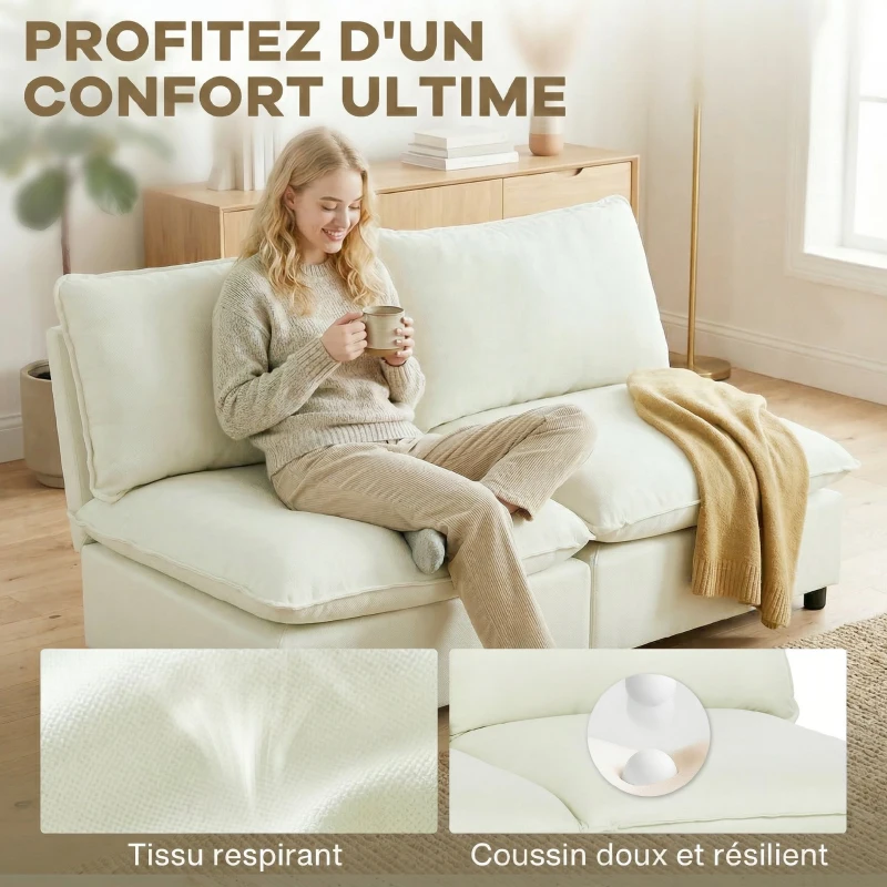 HOMCOM Canapé 2 places modulable, canapé de salon moderne 146 cm sans accoudoirs avec assise large, coussins épais, crème