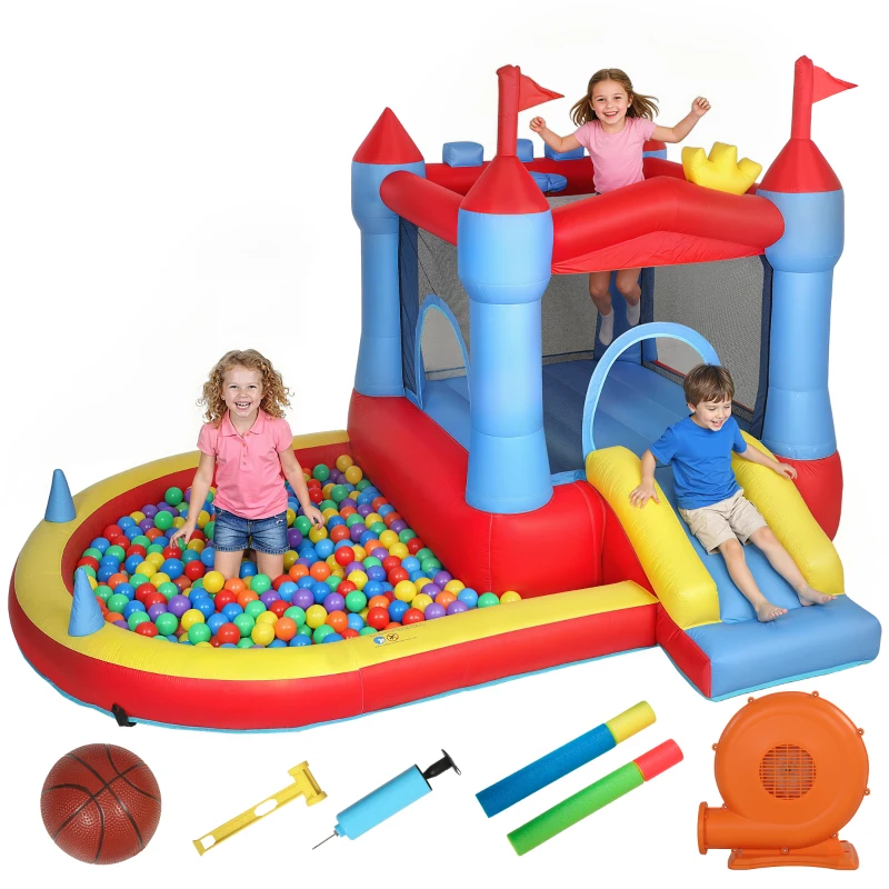 AIYAPLAY Aufblasbar Hüpfburg mit Gebläse Rutsche Trampolin Planschbecken/Bällebad Wasserpistole 342x255x209 cm Blau