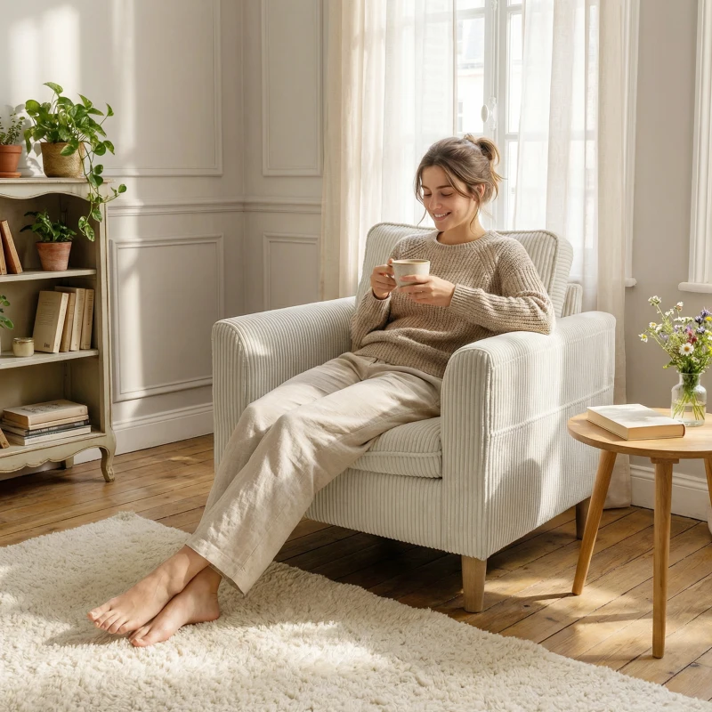 HOMCOM Fauteuil de salon en velours côtelé, canapé 1 place rembourré avec assise large et coussin à ressorts, 83x74x87cm, beige