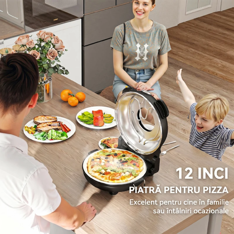 HOMCOM Cuptor electric pentru pizza 1200W cu fereastră transparentă, timer și reglare a temperaturii, negru