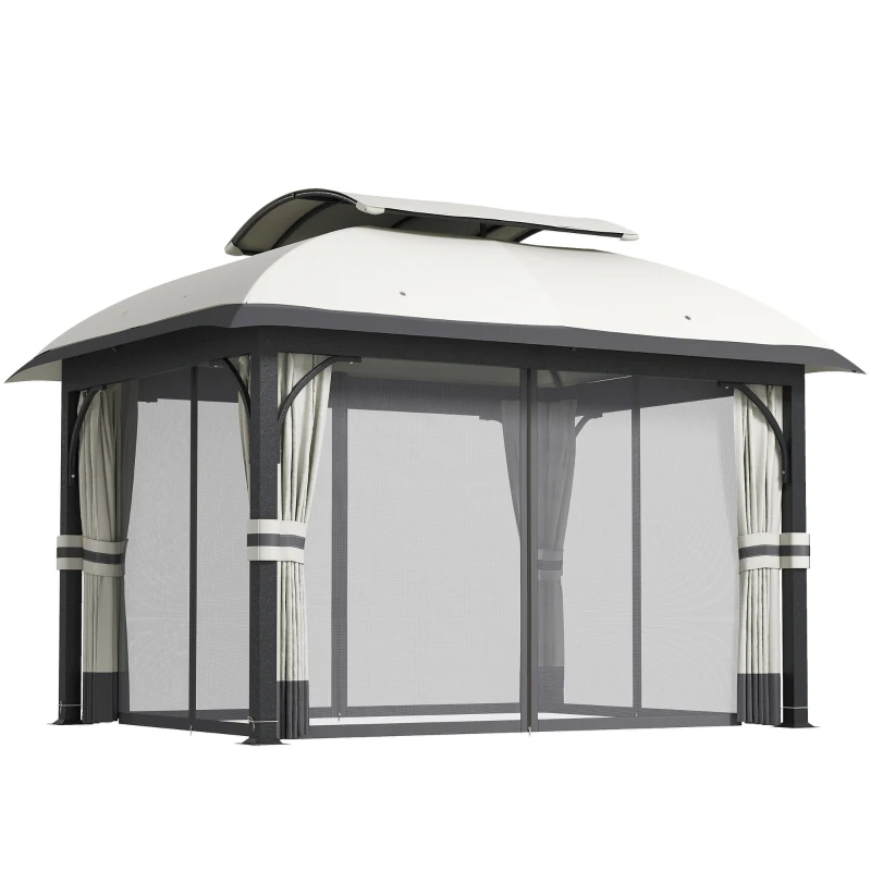 Outsunny Gazebo da Giardino 4x3 m con Zanzariere e Doppio Tetto, in Metallo e Poliestere Grigio Chiaro