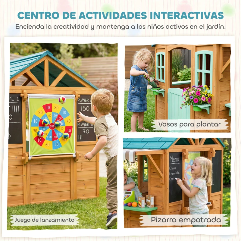 AIYAPLAY Casita Infantil Exterior e Interior de Madera con Barra de Snack Maceteros Pizarra Ventanas Tela para Tiro y 4 Pelotas