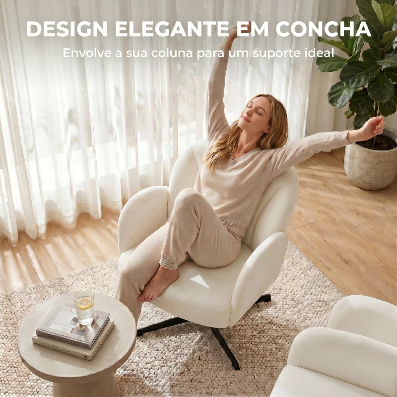 HOMCOM Poltrona de Sala Giratória Cadeira de Sala Estofada em Tecido Aveludado com Encosto em Forma de Concha Almofada com Molas Creme