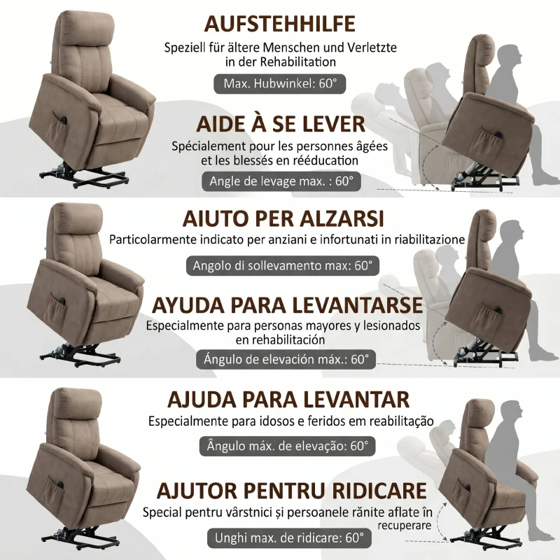 HOMCOM Fotoliu rabatabil cu sistem de ridicare 150° max, telecomandă și suport pentru picioare, 75x93x110 cm, maro