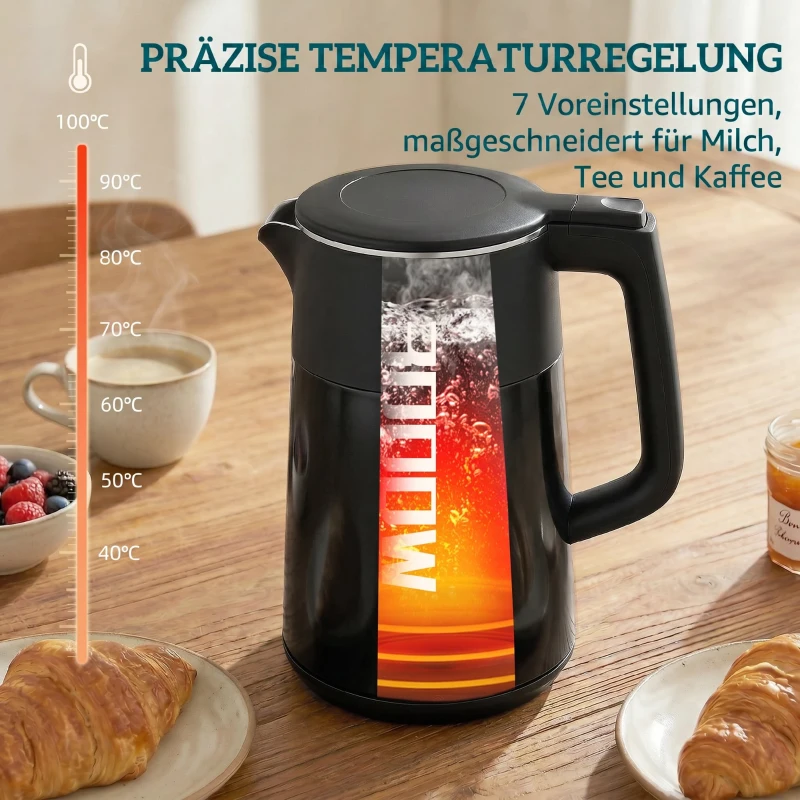 HOMCOM Elektrischer Wasserkocher, 1,7L, Schnellkochend, 2200W, mit LED-Display, Warmhaltefunktion, Trockenkochschutz, PTFE-frei