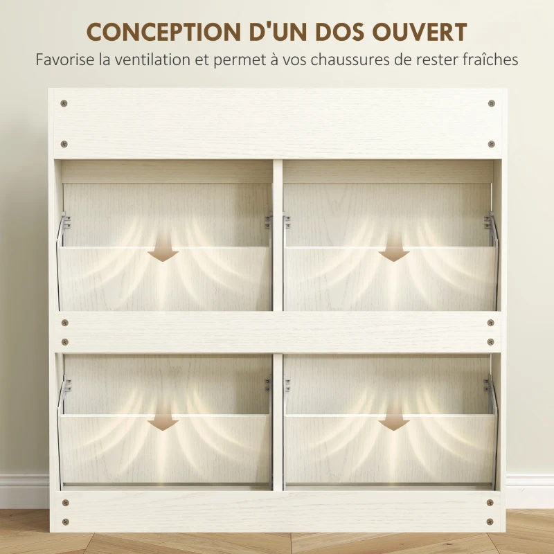 HOMCOM Meuble à chaussures 8 paires avec 2 tiroirs coulissants et 4 tiroirs rabattables, 98 x 19,2 x 95,3 cm, blanc