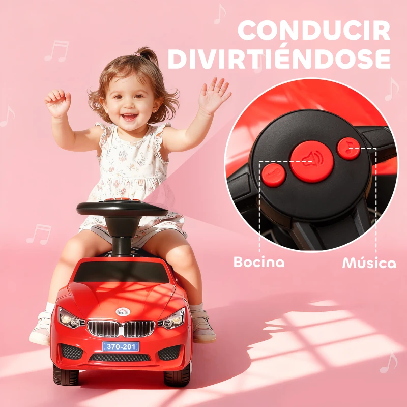 HOMCOM Coche Correpasillos para Niños de 18-36 Meses con Faros Música Bocina Volante Espacio de Almacenaje y Asa Rojo