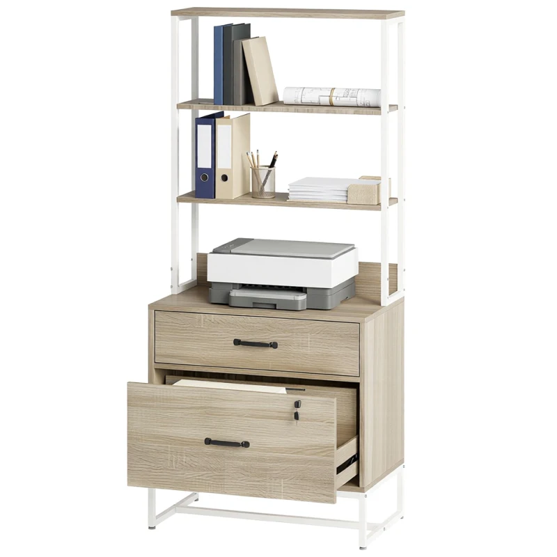 HOMCOM Aktenschrank mit Regal, 2 Schubladen, Ablage für Drucker, Schloss, für A4/Letter/Legal, Eiche