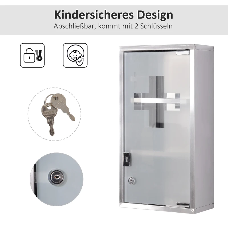 HOMCOM Medizinschrank aus Edelstahl Arzneischrank zur Medikamenten-Aufbewahrung, Abschließbar Medikamentenschrank mit 3 Fächer, Glastür 25 x 12 x 48 cm, Silber
