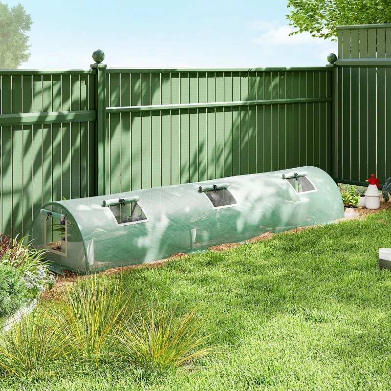 Outsunny Serre de jardin tunnel 5 fenêtres enroulables bâche PE 140 g/㎡ métal époxy 300 x 80 x 45 cm vert