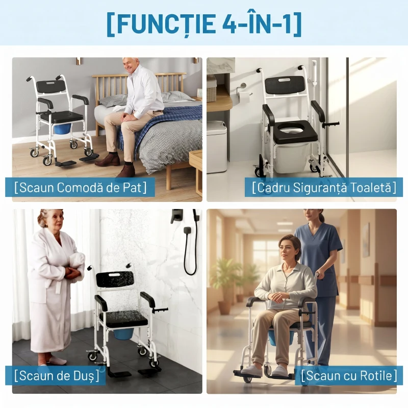 HOMCOM Scaun cu rotile cu WC impermeabil 4 în 1 cu suporturi pentru picioare rabatabile, din aluminiu și plastic, negru