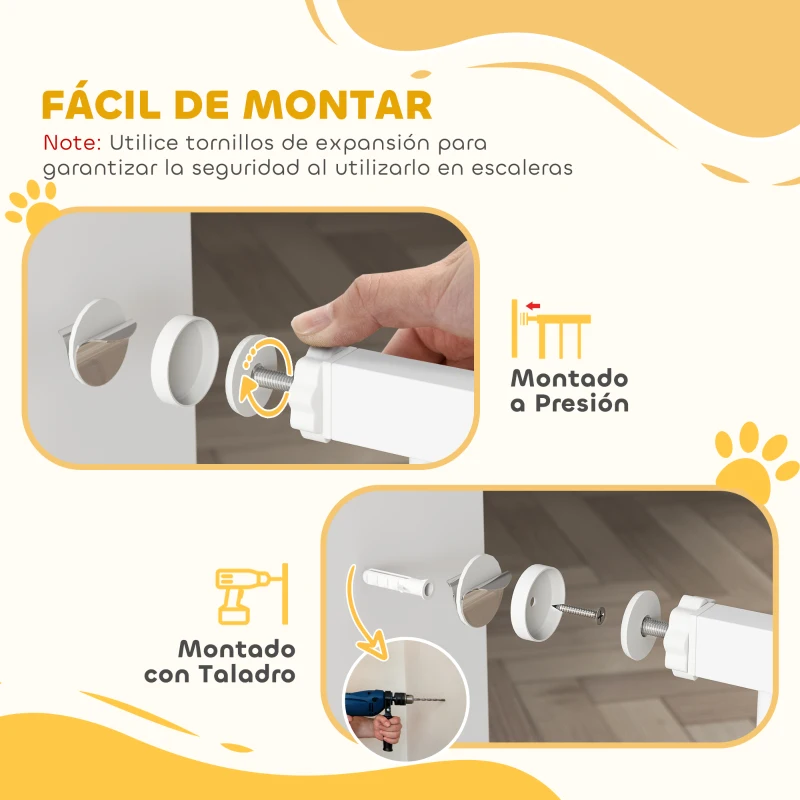 PawHut Barrera de Seguridad para Perros 74-94 cm con Extensión Montaje a Presión Doble Bloqueo para Puerta Escalera Blanco
