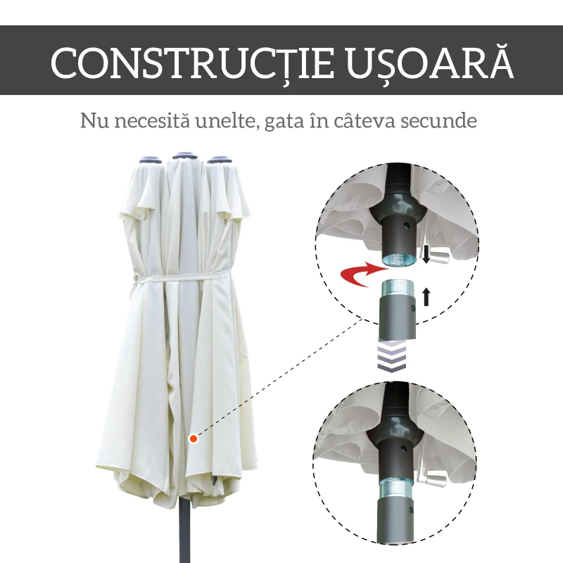 Outsunny Umbrelă Dublă cu 12 Spițe, Bază în Cruce și Manivelă, din Oțel și Poliester, 455x265x238 cm, Bej