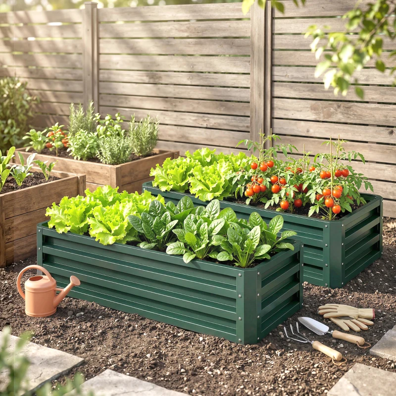 Outsunny Hochbeet Metall 2er-Set, Offener Boden, Für Garten Balkon, 110x50x30cm, Grün