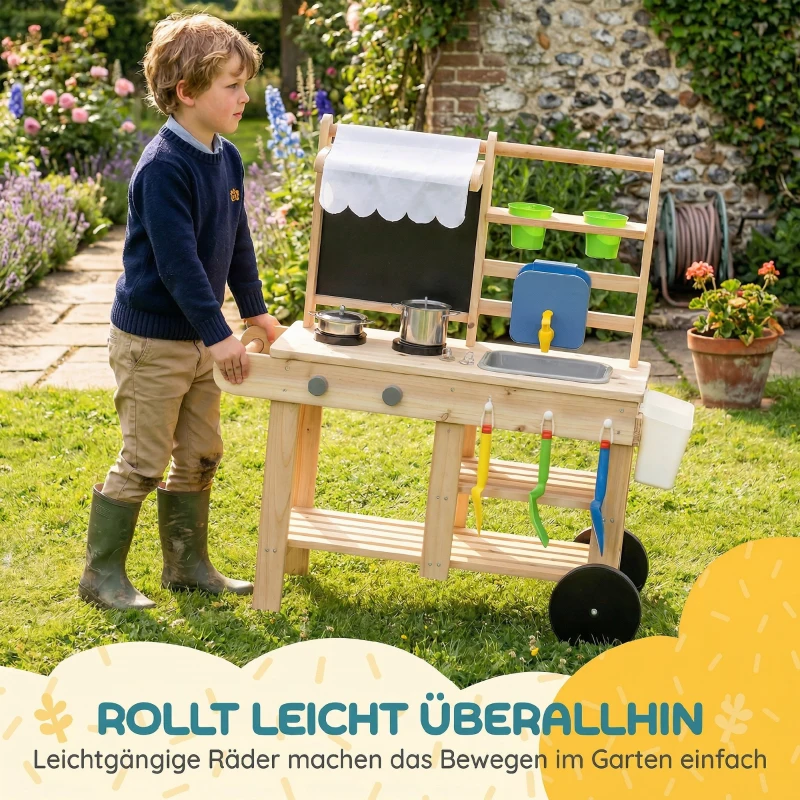 AIYAPLAY Matschküche Kinder Outdoor, Spielküche aus Holz mit echtem Wasserhahn, Spüle, Herd, Ablagefach, Wassertank, Naturholz