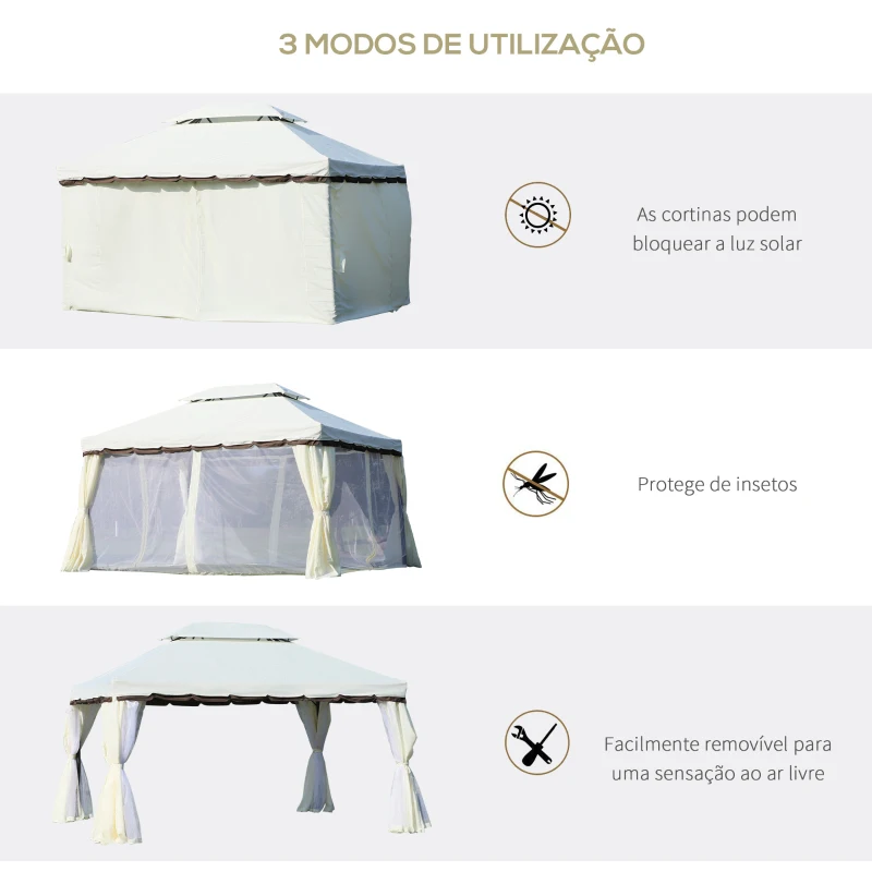 Outsunny Pérgola de Jardim 4x3m Gazebo com Teto Duplo Estrutura de Alumínio UPF50+ para Exterior Branco Creme