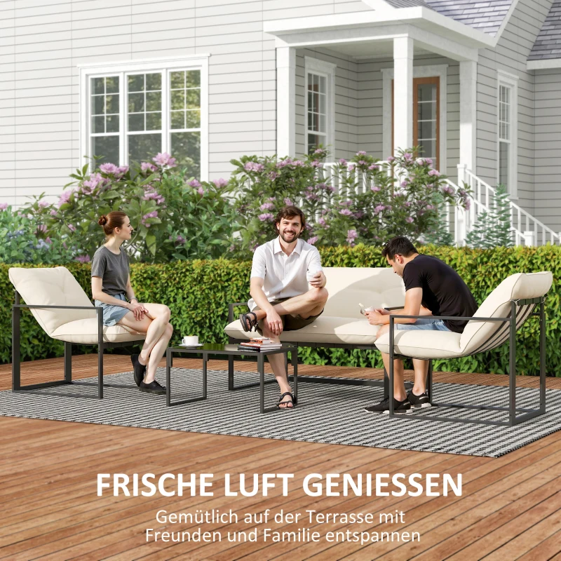 Outsunny Gartenmöbel-Set, 1 Glastisch, 2 Sessel. 1 Sofa, wetterbeständig,114 cm x 70 cm x 67 cm, Grau+Beige