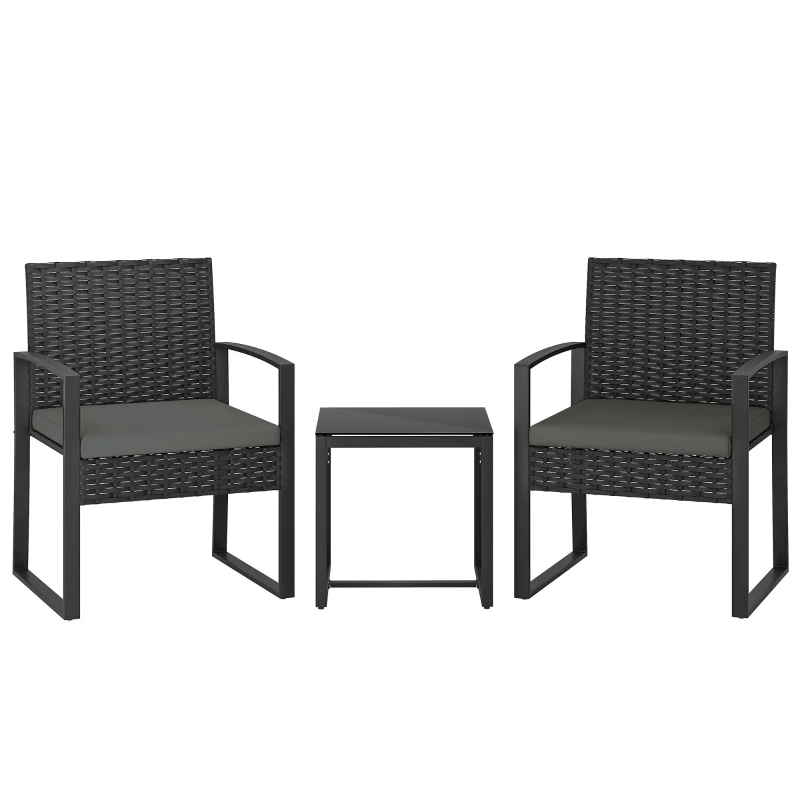 Outsunny Salon de jardin extérieur en résine tressée 2 personnes, table de jardin avec 2 chaises, plateau en verre trempé, noir