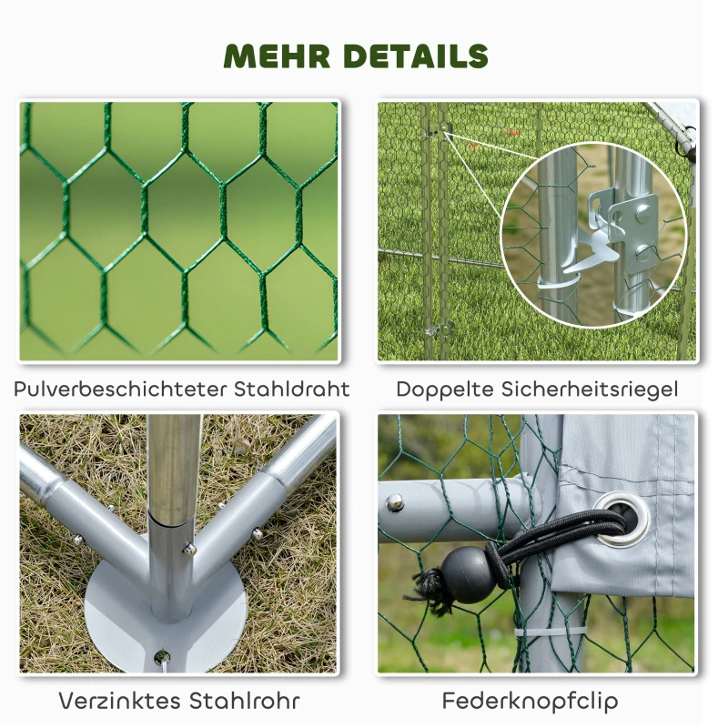 PawHut Freilaufgehege Verzinkter Stahl Hühnerstall mit wetterfester UV-Dachabdeckung abschließbarer Tür 2x2x2 m Silber