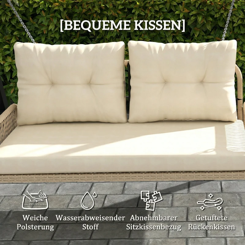 Outsunny Hollywoodschaukel 2-Sitzer Rattan Gartenschaukel mit Kissen Ketten bis 240 kg 115 x 66 x 44 cm Beige