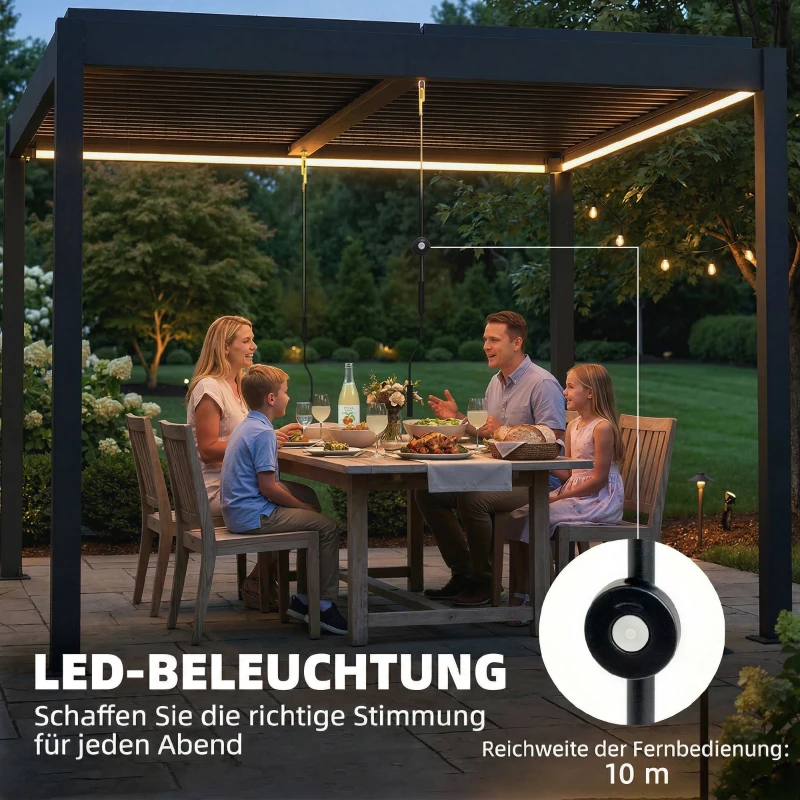 Outsunny Pergola 3x3 m aluminium terrasoverkapping met LED-verlichting afstandsbediening verstelbaar lamellendak