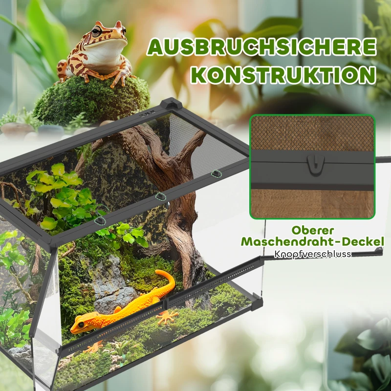 PawHut Terrarium für Reptilien Glasterrarium 48L mit Frontbelüftung Steinrückwand Drehverschluss 50 x 30 x 35 cm Schwarz
