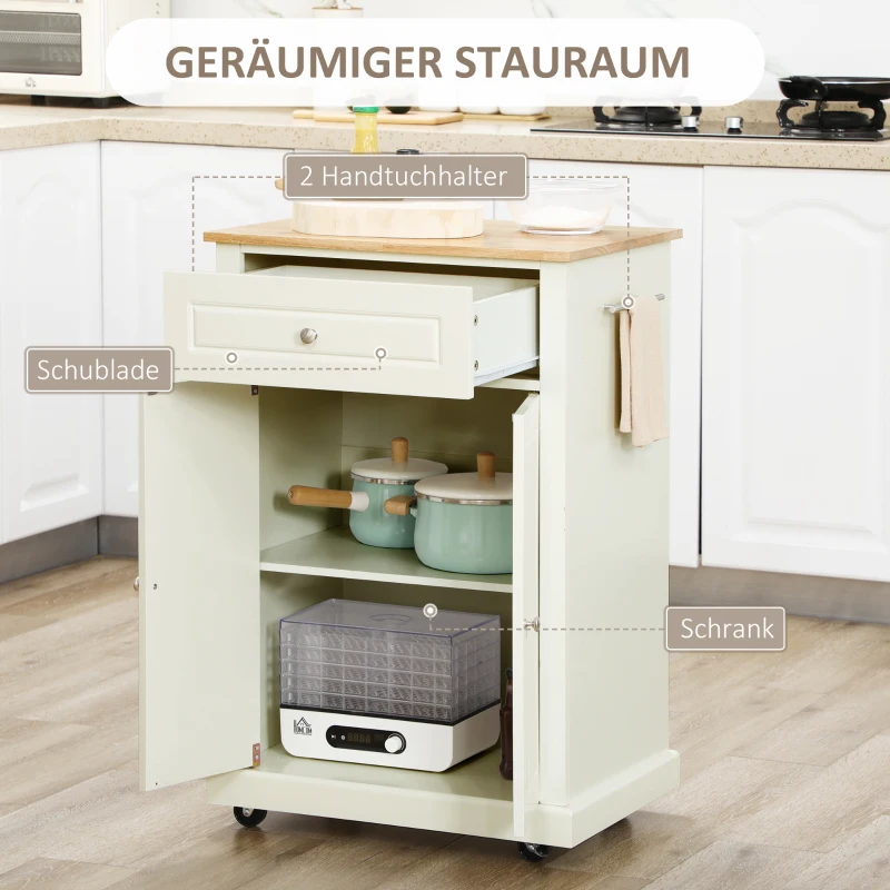 HOMCOM Küchenwagen rollbar Servierwagen Küchentrolley mit höhenverstellbaren Einlegeböden Handtuchhalter für Küche Esszimmer MDF Landhausstil Cremeweiß 63 x 45,5 x 91,5 cm