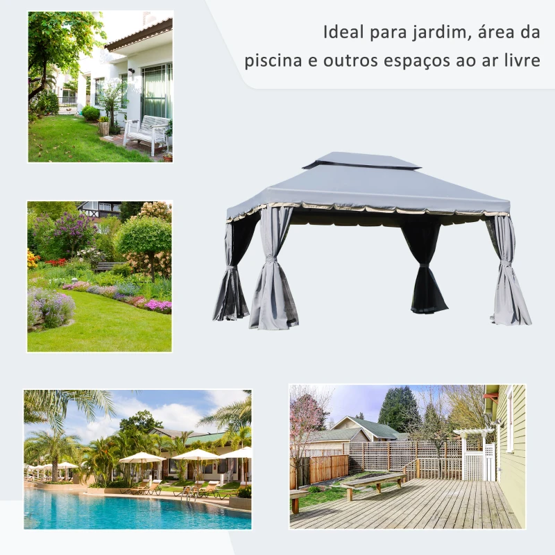 Outsunny Pérgola de Jardim 4x3m Pérgola de Alumínio com Teto de Ventilação 4 Cortinas Laterais Tela Mosquiteira  e 8 Orifícios de Drenagem para Exterior Pátio Festas Cinza