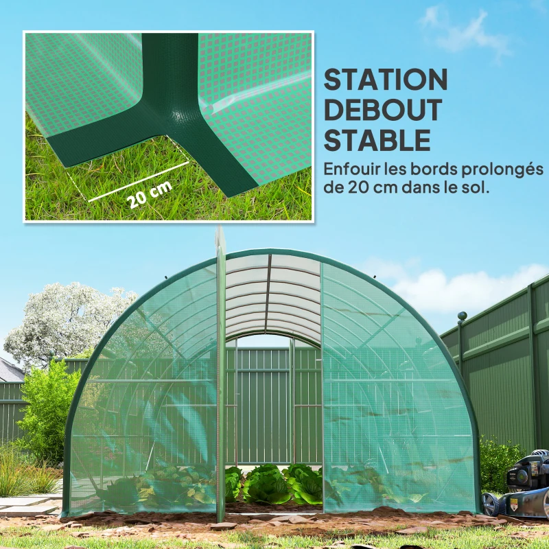Outsunny Serre de jardin tunnel serres tunnel 18 m² 8 fenêtres 2 portes articulées toile PE structure en fer galvanisé vert