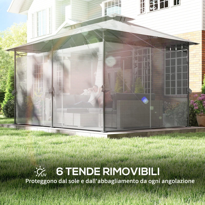 Outsunny Gazebo da Giardino 3x4 m con Tende Rimovibili, Doppio Tetto e Struttura in Metallo, Grigio