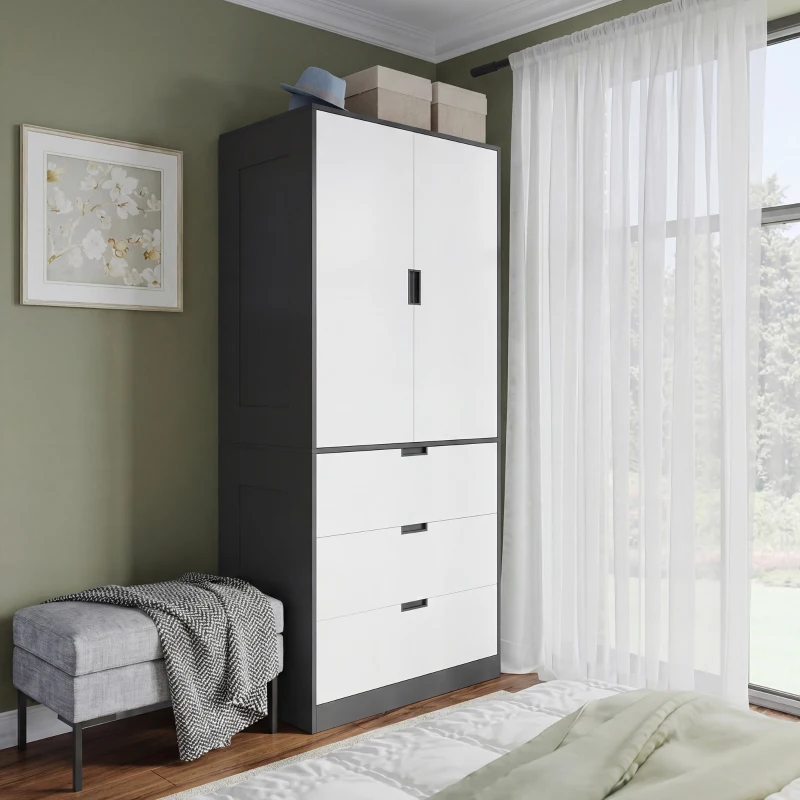 HOMCOM 2 Door Wardrobe, Modern Wardrobe with 3 Drawers and Hanging Rod for Bedroom, Black