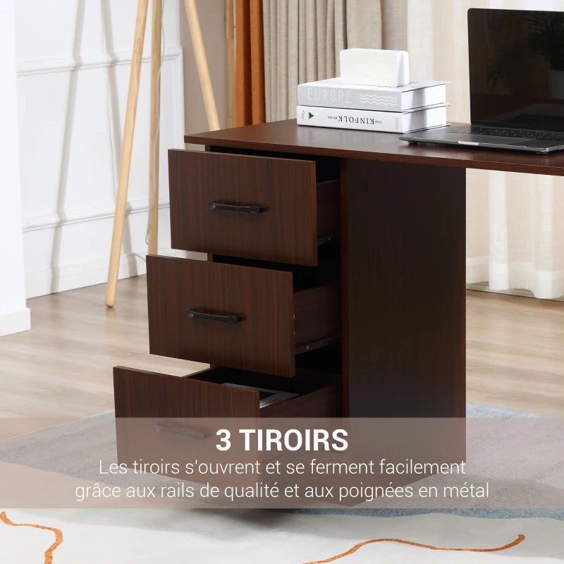 HOMCOM Bureau d'ordinateur réversible, table informatique avec 3 tiroirs et 3 étagères ouvertes, 120 x 49 x 72 cm, noyer