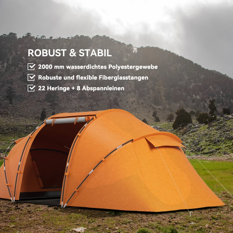 Outsunny Tunnelzelt für 4-6 Personen, Campingzelt mit Tür, Bodenplane, 2000mm wasserdicht Orange