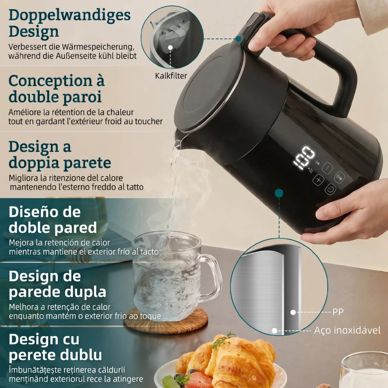 HOMCOM Elektrischer Wasserkocher, 1,7L, Schnellkochend, 2200W, mit LED-Display, Warmhaltefunktion, Trockenkochschutz, PTFE-frei